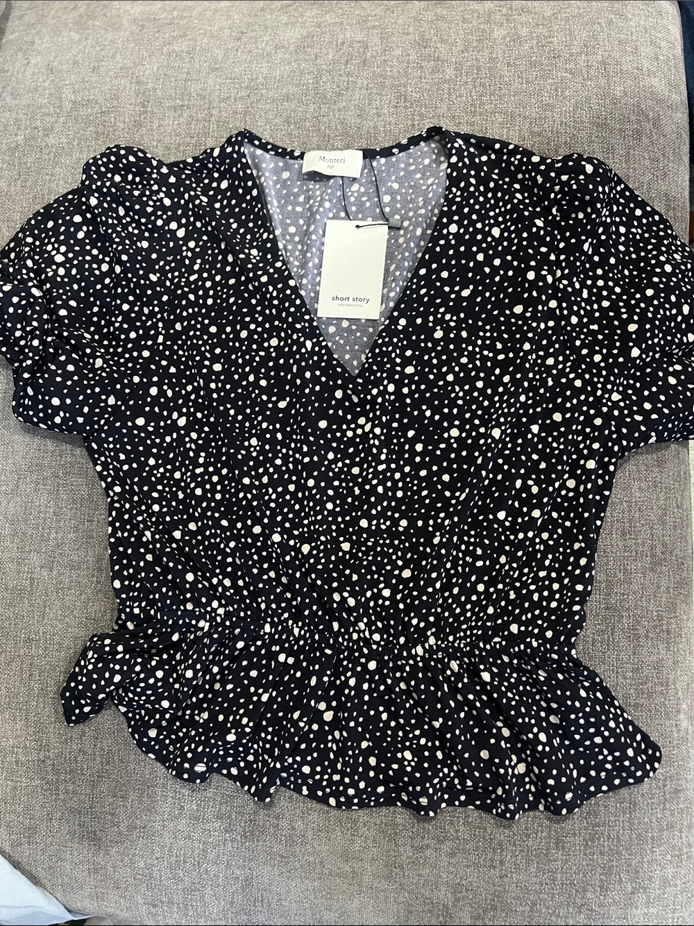 Black Polka Dot V-Neck Peplum Blouse
